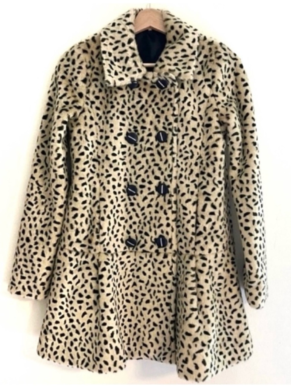 Free People Beige and Black Faux Fur Animal-Print Pea Coat Size 0